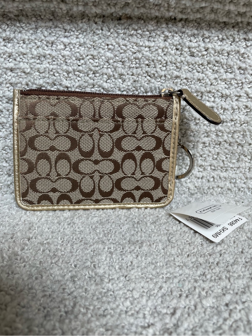 NWT Coach Signature Canvas Mini Skinny ID Case Gold Leather Trim Key Ring